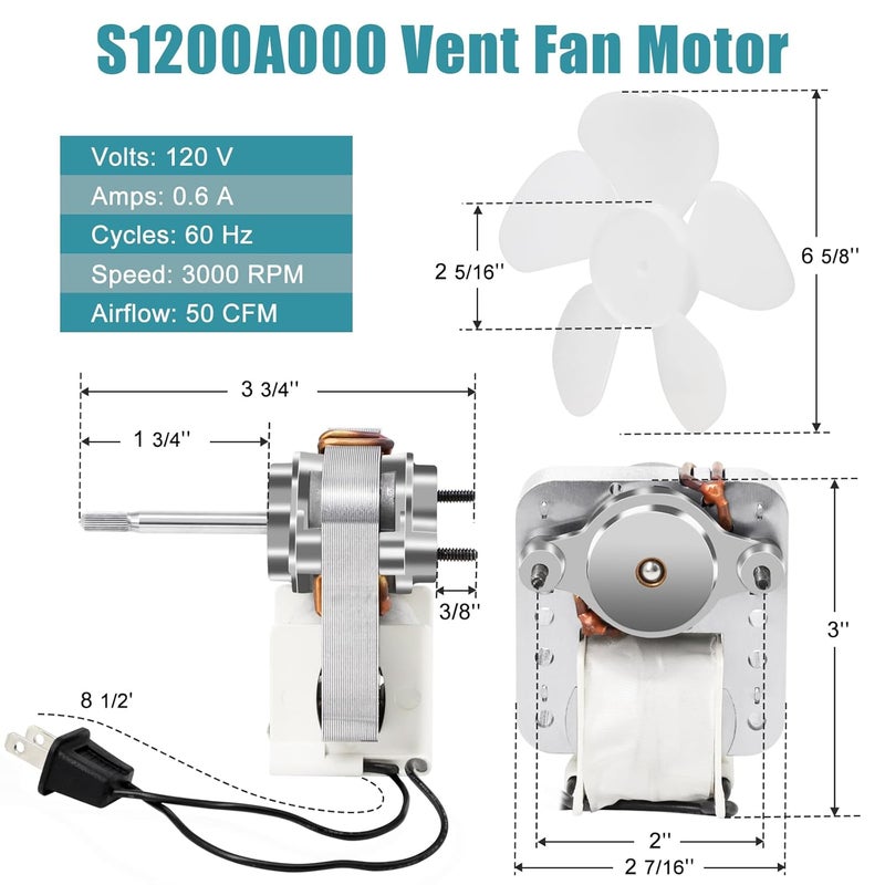 Criditpid S1200A000 Bathroom Fan Motor Replacement for Broan Nutone 8870, 686, M686, 687 Bathroom Exhaust Fan, SAP5957893, 15591000, 22651000 Universal Vent Fans Electric Motor, 50CFM 3000RPM 120V - Image 2